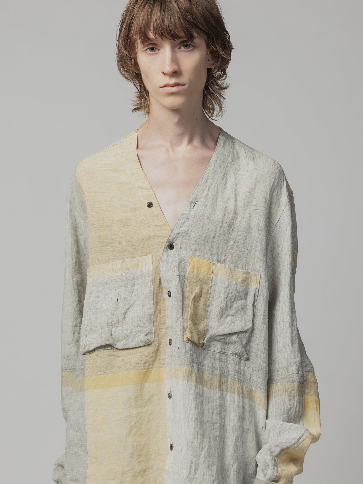 
                  
                    LINEN CHECK V NECK SHIRT
                  
                